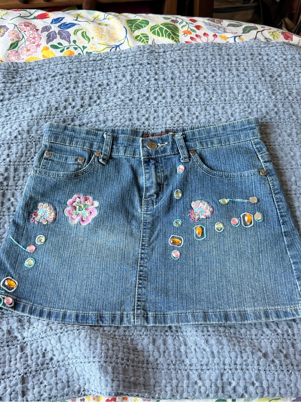 Denim Mini Skirt with Embroidered Floral